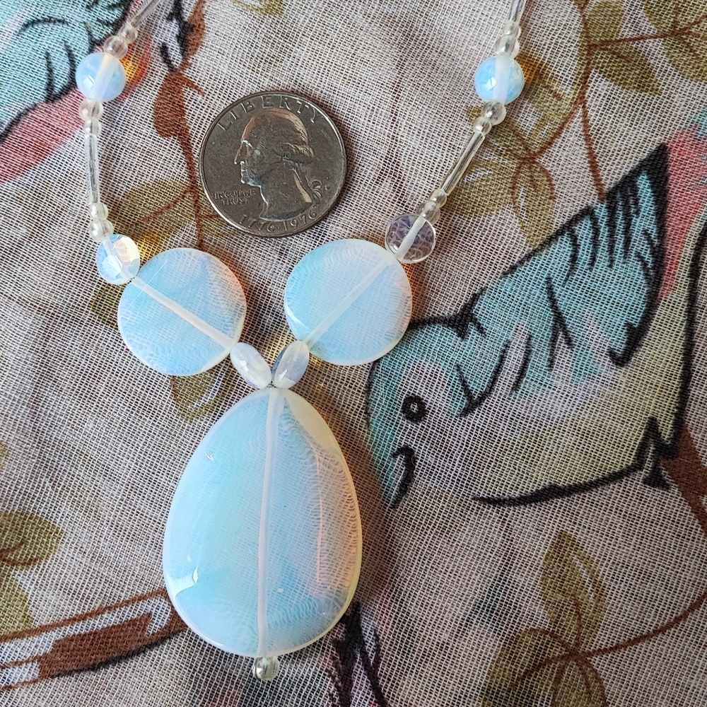 Blue Opalite Opaline Glass Y Design Necklace Silver Tone Barrel Clasp Artisan - Picture 6 of 9